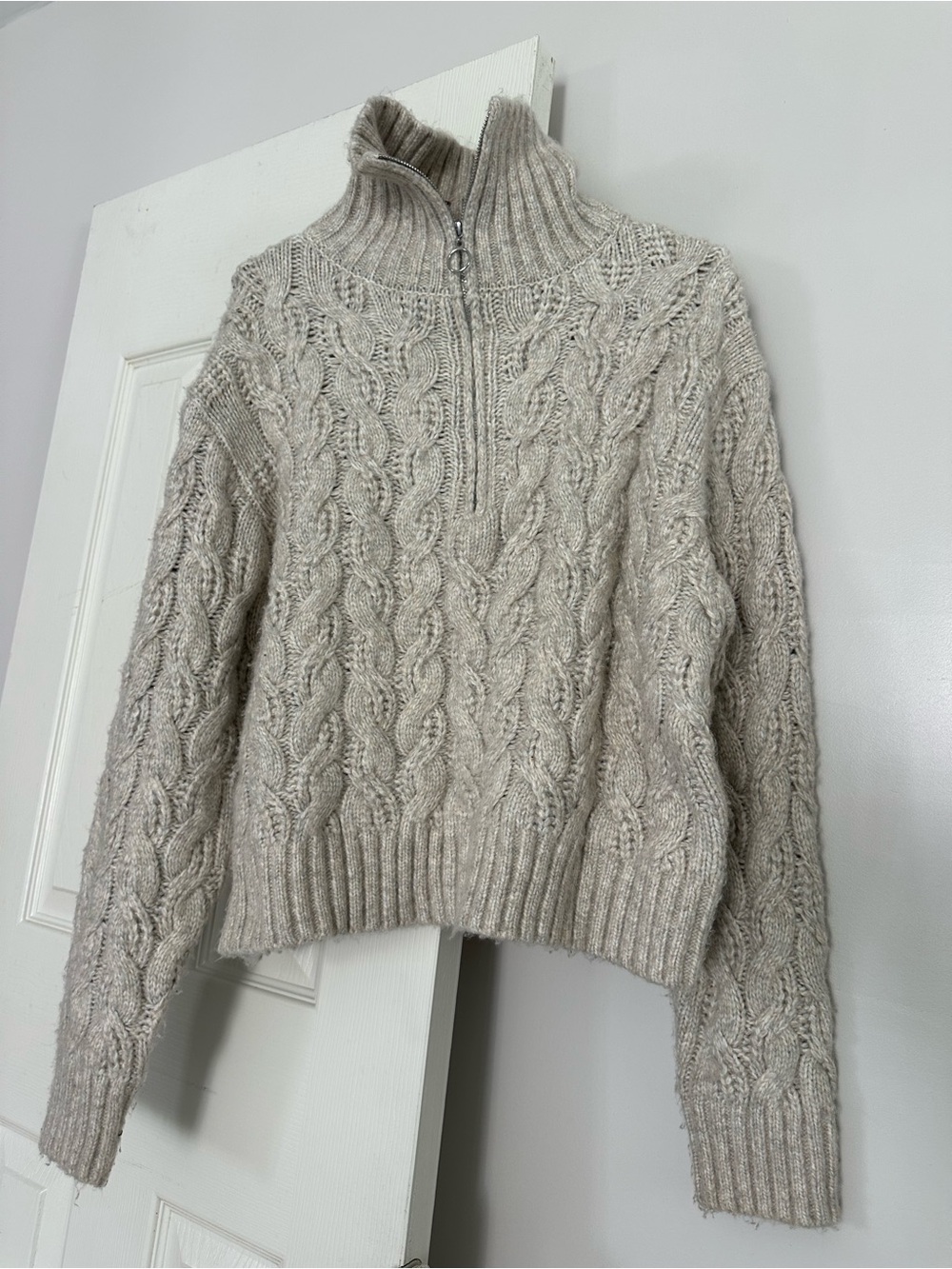 Sincerly Jules Neutral Cable Knit Half-Zip Turtleneck Sweater - Beige Cream